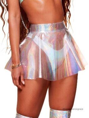 Holographic Flared Mini Skirt Transparent PVC Metallic Rave Festival Costume